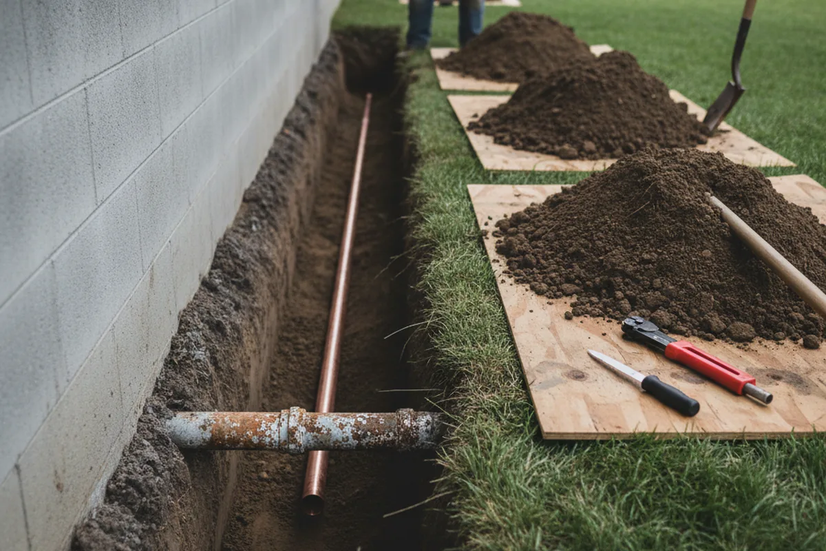 Excavated water line trench during Water Softener Installation in Eastford